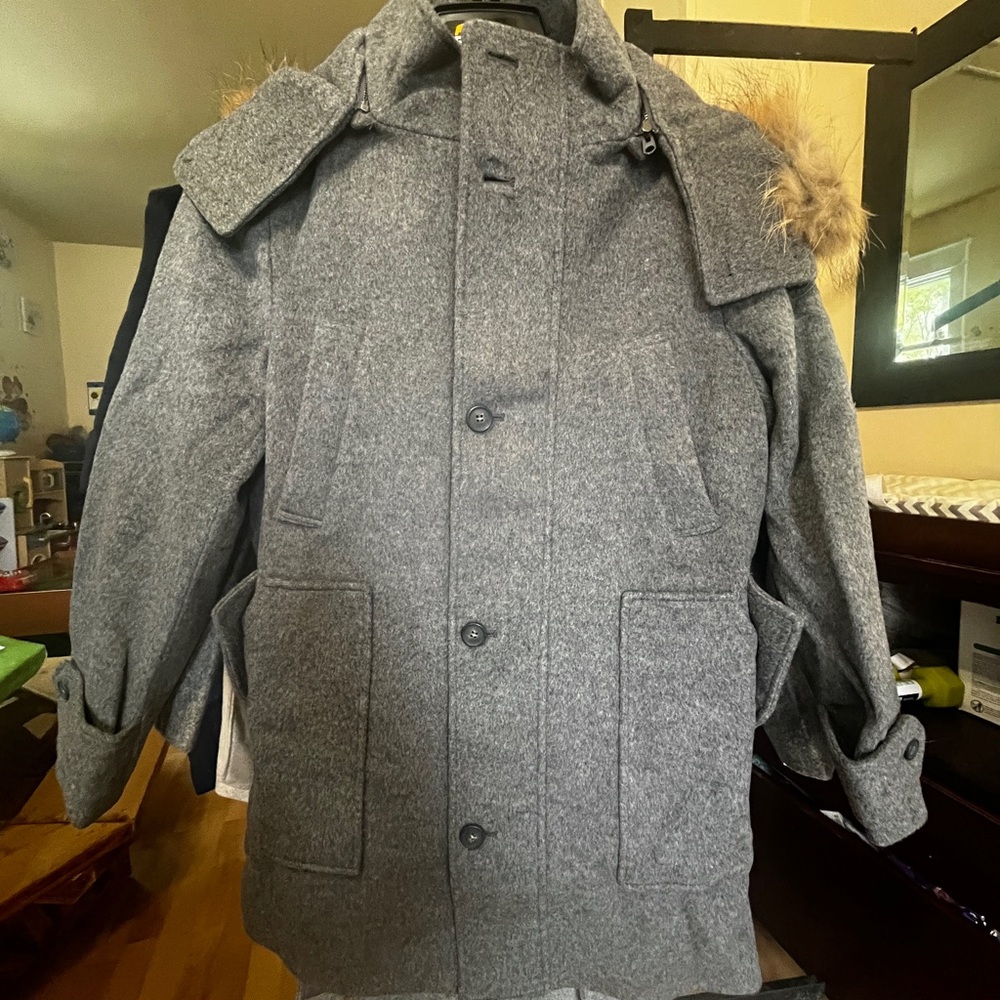 Gray Men's Coat with Fur Trim
